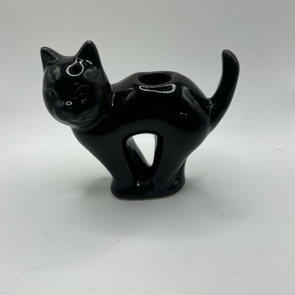 Vintage Ceramic Black Cat Candle Holder